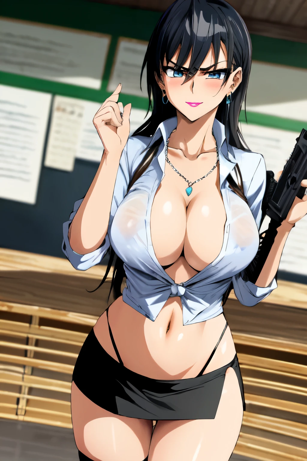 1girl, nanami, medium breasts, long hair, blush, lipstick, Hot girl, baddie, staring, glaring, bad attitude, mean girl, dare, angry, hate, crazy, smoking, sensual, attractive, masterpiece, best quality, ((unbuttoned , cleavage, necklace, earrings, sexy body,
breasts)) , micro skirt, smiling, navel , exposed belly, exposed navel,school, knot,
classroom , holding a gun, hold a gun