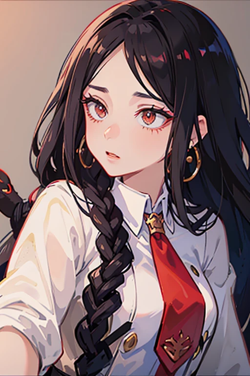 Screenshot My hero Academia, girl with dark complexion, light brown eyes, long eyelashes, long wavy black hair with red tips, pink lips with snake bites piercing and red pearl earrings, with the gala uniform of my hero academia, whole body, my hero academia style