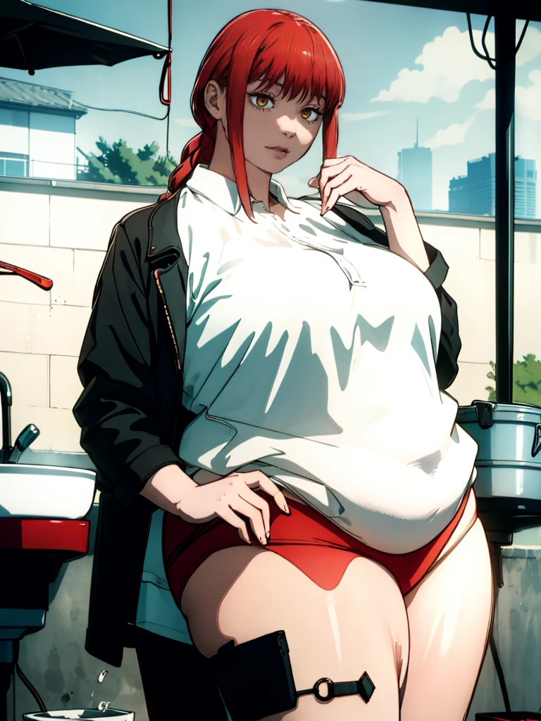 Le personnage Makima de la série animée Chainsaw Man, fragile, obésité morbide, ssbbw, pleine longueur (corps entier 1.1.), fond sombre, obscurité, anatomie correcte 1.1, anatomie correcte de la main, Très féminin, corps gras et rond, grosses Jambes, fesses, beau corps obèse, ventre rond et mou très gras, cheveux roux, Yeux oranges, Cercles rouges pour les écoliers, chemise blanche, jupe noire, cravate noire, pose sexy, réaliste, very détaillé, beau corps, détaillé body, détaillé hands, détaillé, vibrant, détaillé Face, Conception des personnages de Makima. very détaillé, détaillé body, détaillé hands, détaillé Face, Art animé, Hugh Détails, Visage très abattu, détaillé eyes, Illustration ultra fine, Meilleure ombre, détail fin, beautiful détaillé glow, beautiful détaillé, Extraordinairement beau, extremely détaillé, inexpressif, composition épique, Style animé. art animé, Style animé. Jupe noire, chemise blanche, cravatte, pose sexy, visage gras et bouffis et double menton