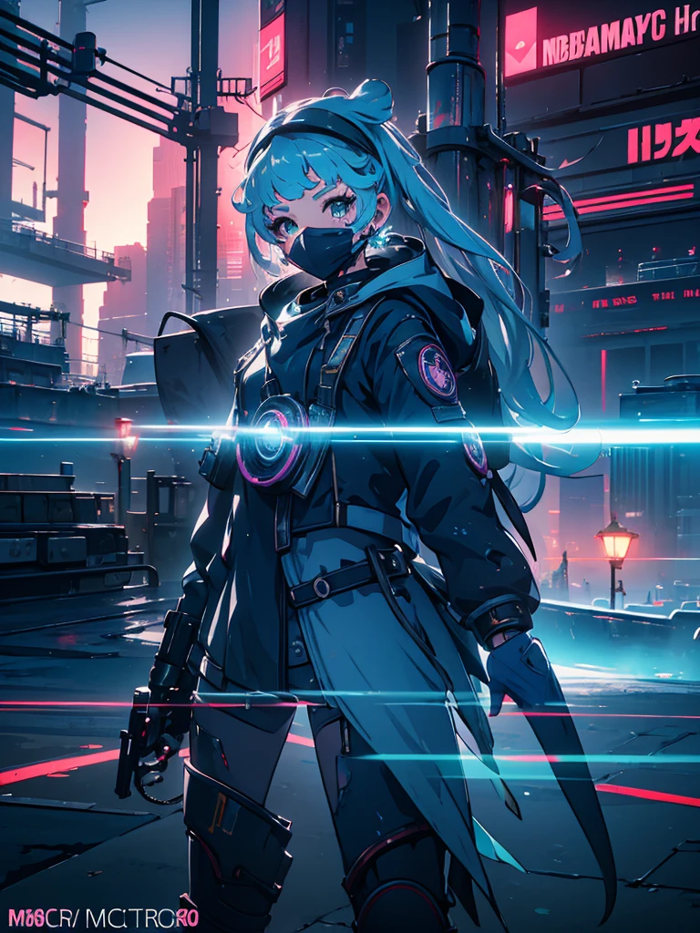 a beautiful detailed anime girl, sexy urban futuristic outfit, subzero mortal kombat mask covering mouth, submachine gun on back, masterpiece, 8k, ultra-detailed, photorealistic, intricate details, dramatic lighting, vibrant colors, cinematic composition, cyberpunk, science fiction, concept art style