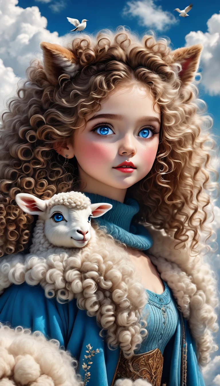 1 girl,bird,beautiful detailed blue eyes,cloud,curly hair,outdoor,furry trim,pom pom(clothes),sheep,sky,solo,upper body,wavy hair,(best quality,4k,8k,highres,masterpiece:1.2),ultra-detailed,(realistic,photorealistic,photo-realistic:1.37),beautiful portrait,fantasy,magical realism,vibrant colors,dramatic lighting
