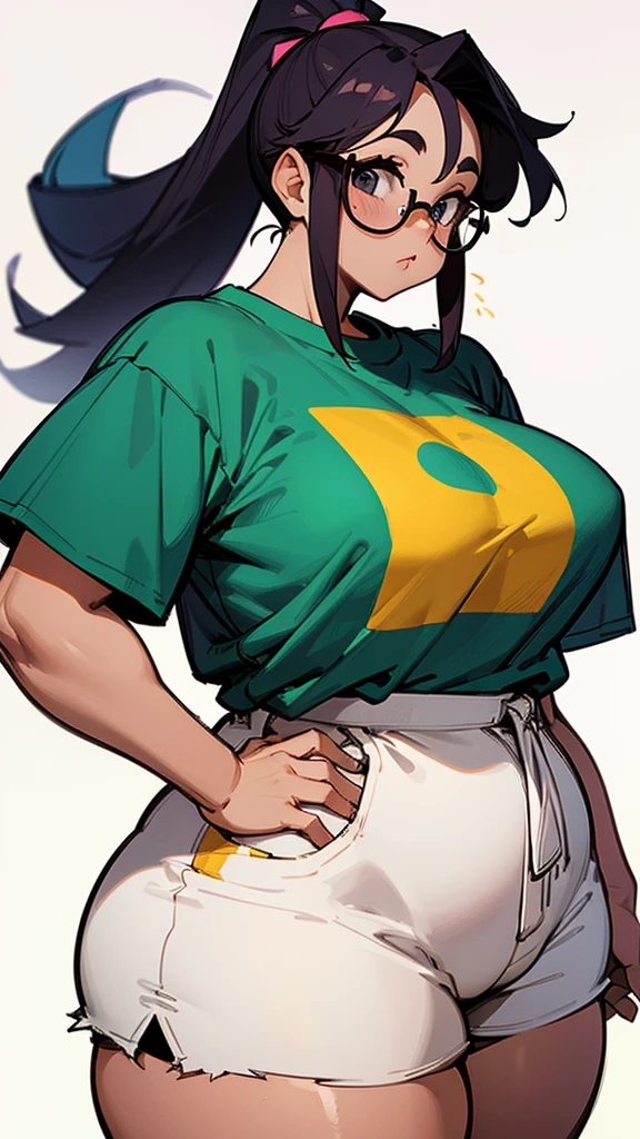 a nerd, beautiful, ponytail, shorts, thick, curvy, big breats, oversized t shirt