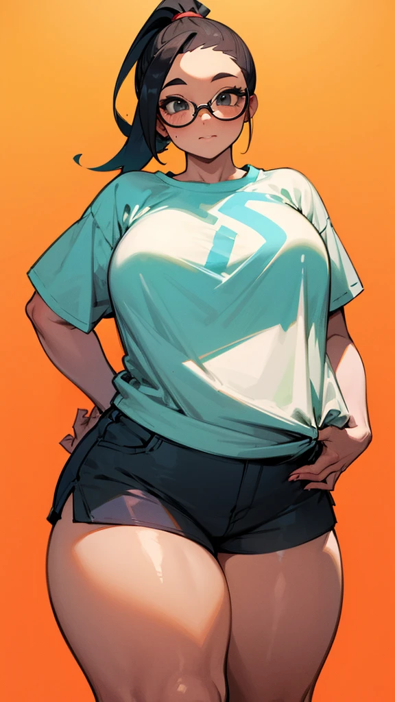 a nerd, beautiful, ponytail, shorts, thick, curvy, big breats, oversized t shirt
