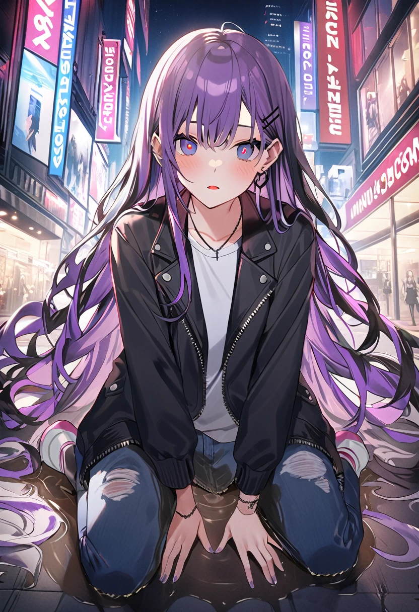 (masterpiece:1.37), best quality, (extremely detailed:1.37), woman, (very long hair:1.5), (dark purple hair:1.5), purple eyes, (extremely detailed eyes:1.37), (wetting self:1.5), large breasts, stylish jacket, multicolored jackt, jeans, cleavage, navel, city, high-tech, street, full body