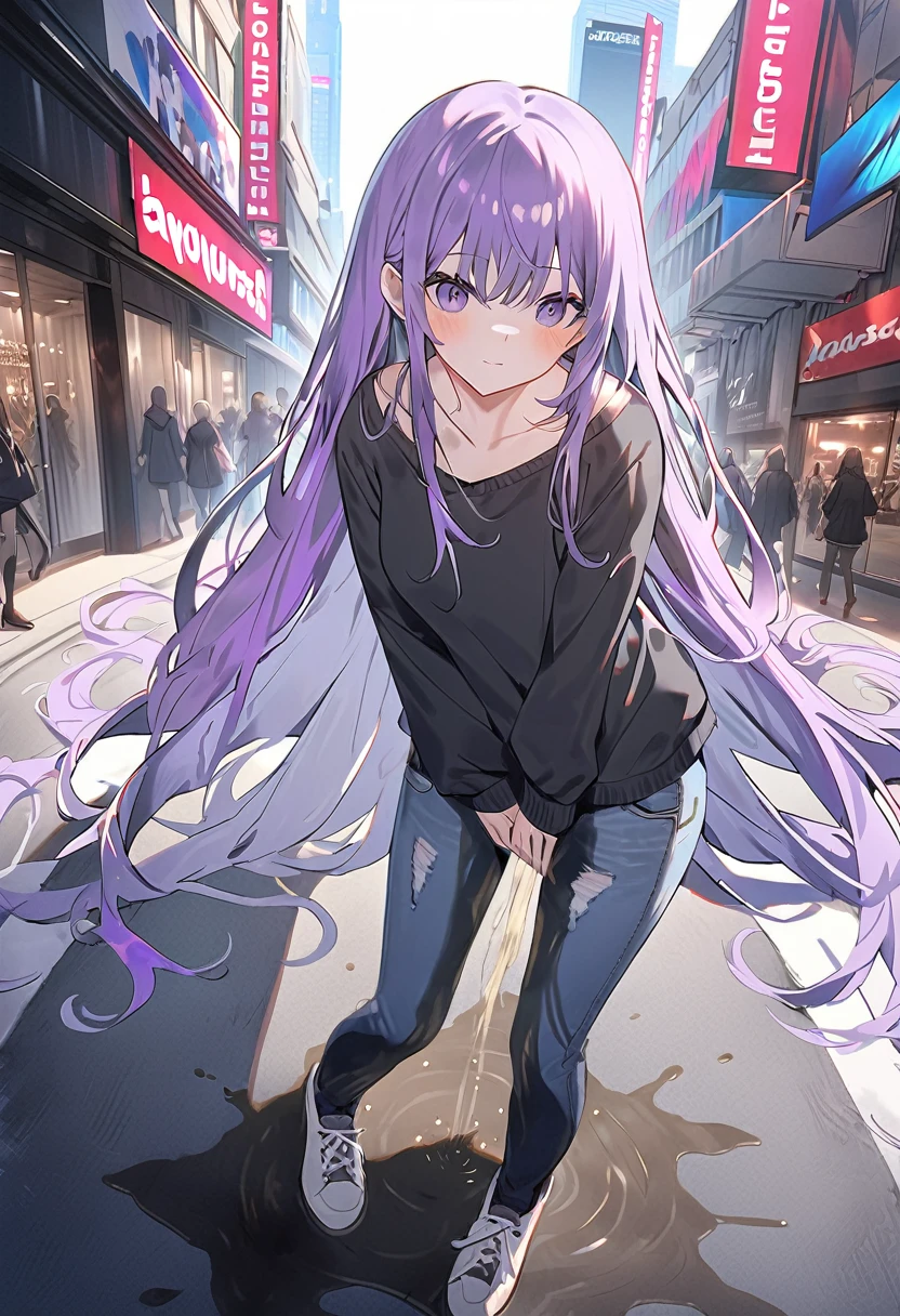 (masterpiece:1.37), best quality, (extremely detailed:1.37), woman, (very long hair:1.5), (dark purple hair:1.5), purple eyes, (extremely detailed eyes:1.37), (wetting self:1.5), large breasts, stylish jacket, multicolored jackt, jeans, cleavage, navel, city, high-tech, street, full body