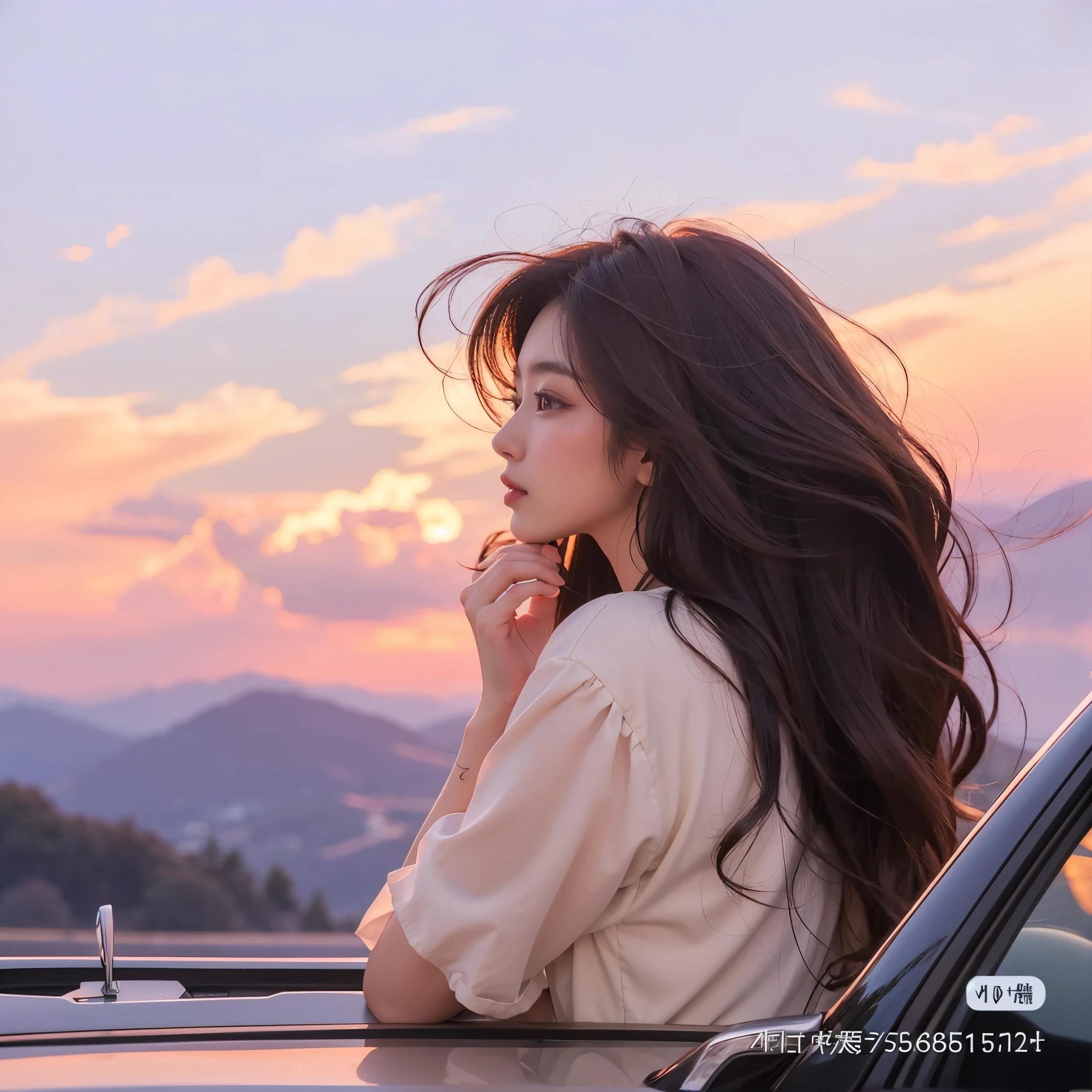 Beautiful Japanese waifu, early 30s, brunette hair, white dress, lean against a car, in mountain top looking at sunset