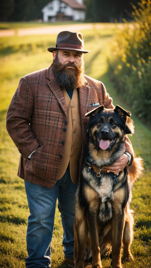 Eealista photo of 45 year old man , large, well-detailed beard, wearing country clothes, with your German shepherd dog by your side, picture in 8k, Kodak photo, High definition