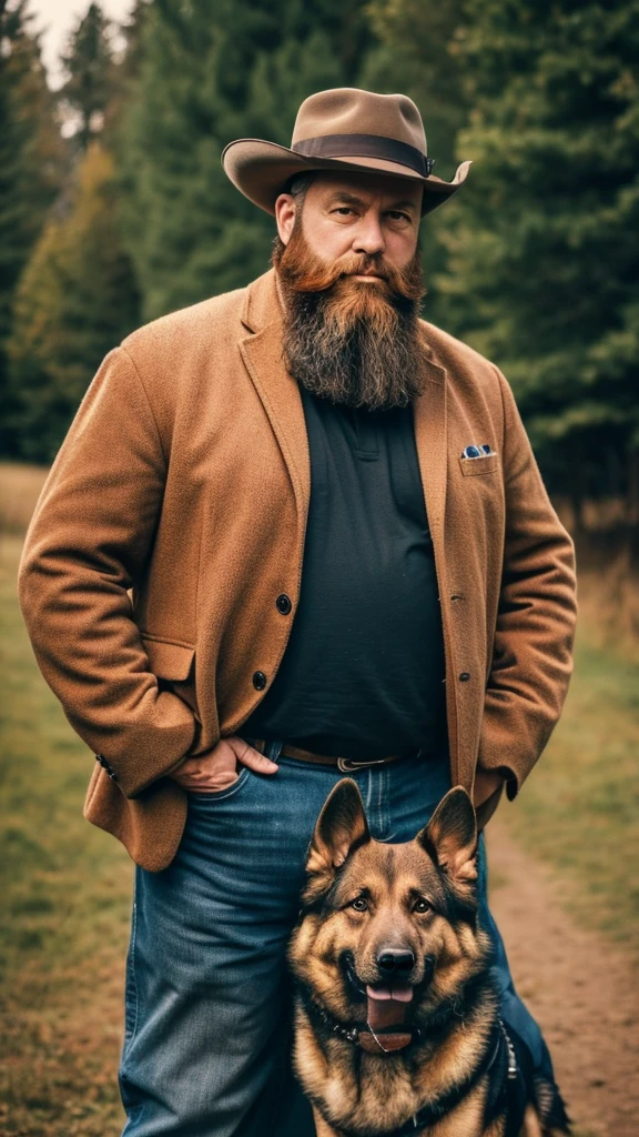Eealista photo of 45 year old man , large, well-detailed beard, wearing country clothes, with your German shepherd dog by your side, picture in 8k, Kodak photo, High definition
