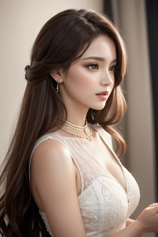 a beautiful woman dressed in elegant clothes in a photo studio, beautiful medium-sized straight brown hair, brown skin, highly realistic, full hd, 4k, perfect hands