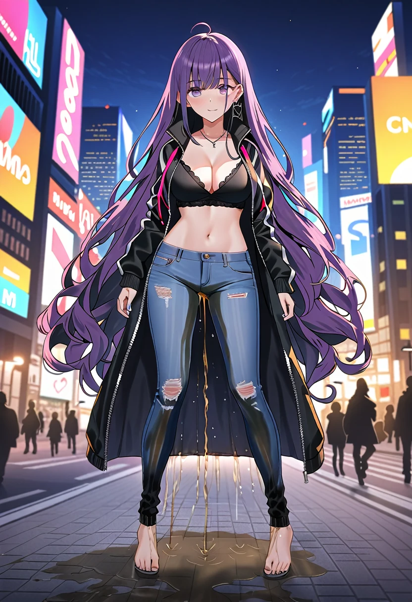 (masterpiece:1.37), best quality, (extremely detailed:1.37), woman, (very long hair:1.5), dark purple hair, purple eyes, (extremely detailed eyes:1.37), (wetting self:1.5), large breasts, stylish jacket, multicolored jackt, jeans, cleavage, navel, city, high-tech, street, full body