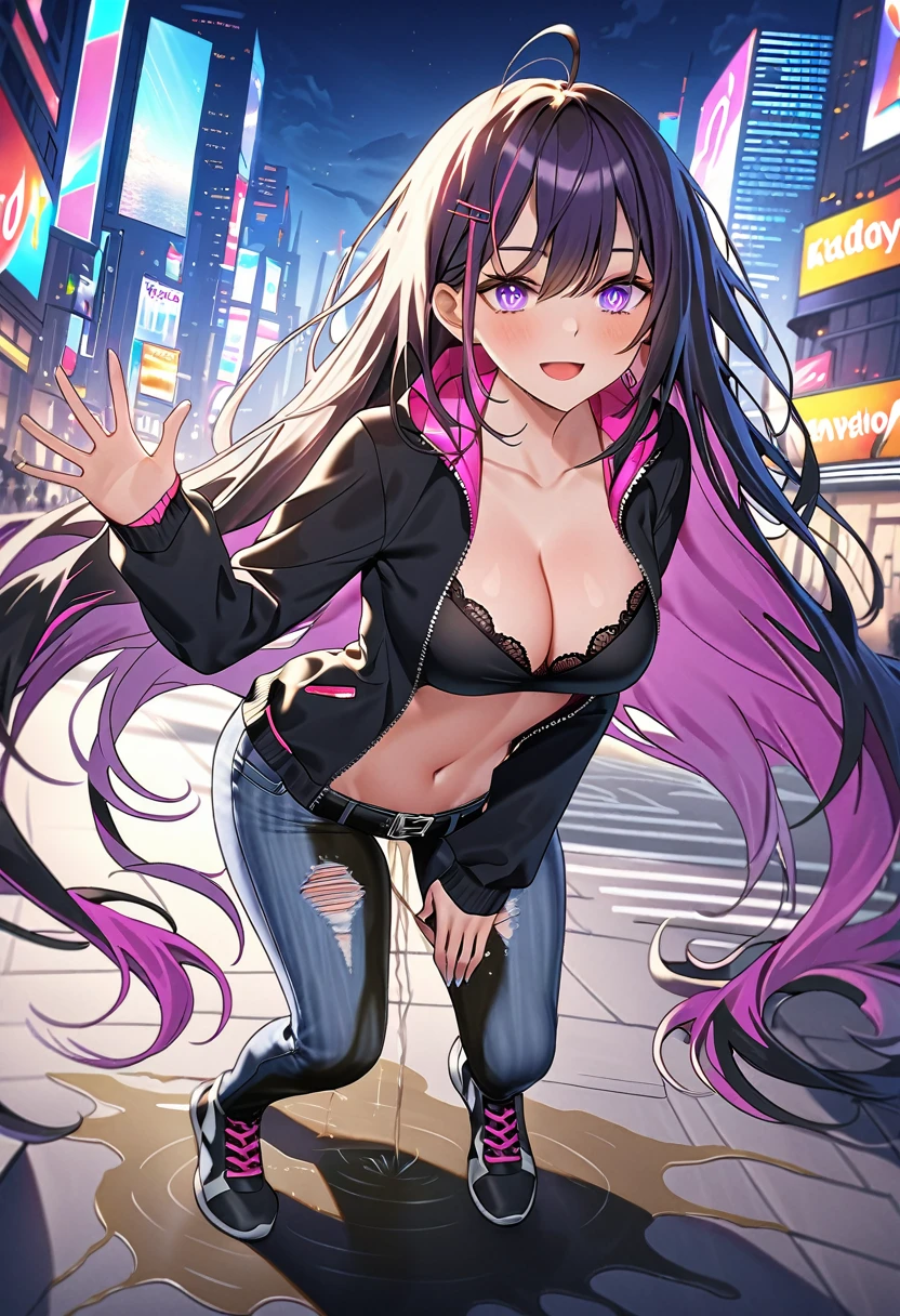 (masterpiece:1.37), best quality, (extremely detailed:1.37), woman, (very long hair:1.5), dark purple hair, purple eyes, (extremely detailed eyes:1.37), (wetting self:1.5), large breasts, stylish jacket, multicolored jackt, jeans, cleavage, navel, city, high-tech, street, full body