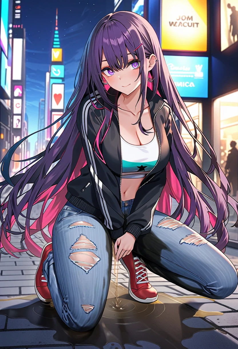 (masterpiece:1.37), best quality, (extremely detailed:1.37), woman, (very long hair:1.5), dark purple hair, purple eyes, (extremely detailed eyes:1.37), (wetting self:1.5), large breasts, stylish jacket, multicolored jackt, jeans, cleavage, navel, city, high-tech, street, full body