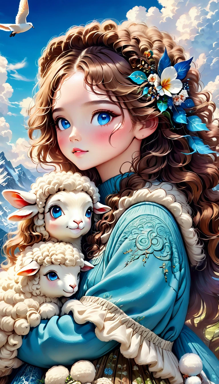 1 girl,bird,beautiful detailed blue eyes,cloud,curly hair,outdoor,furry trim,pom pom(clothes),sheep,sky,solo,upper body,wavy hair,(best quality,4k,8k,highres,masterpiece:1.2),ultra-detailed,(realistic,photorealistic,photo-realistic:1.37),beautiful portrait,fantasy,magical realism,vibrant colors,dramatic lighting