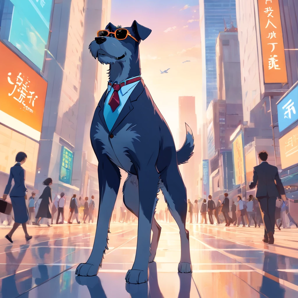 Masterpart, Schnauzer, Business district, Dog in suit, Sunglasses, Dynamic angle, Best quality, 4K,