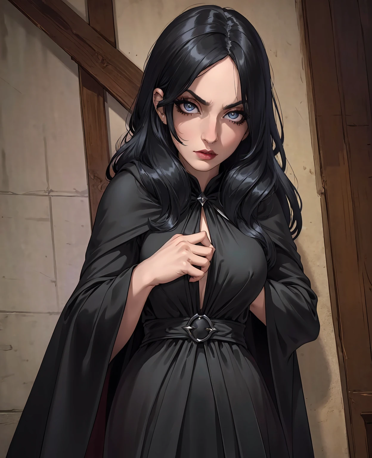 beautiful young woman, elegant witch, fantasy witch, long dark hair, mysterious eyes, subtle makeup, dark lipstick, black magic, dark fantasy, black dress, victorian style, hooded cloak, enchanting pose, ethereal, glowing magical aura, moody lighting, dark color palette, dramatic chiaroscuro, cinematic, (best quality,4k,8k,highres,masterpiece:1.2),ultra-detailed,(realistic,photorealistic,photo-realistic:1.37)