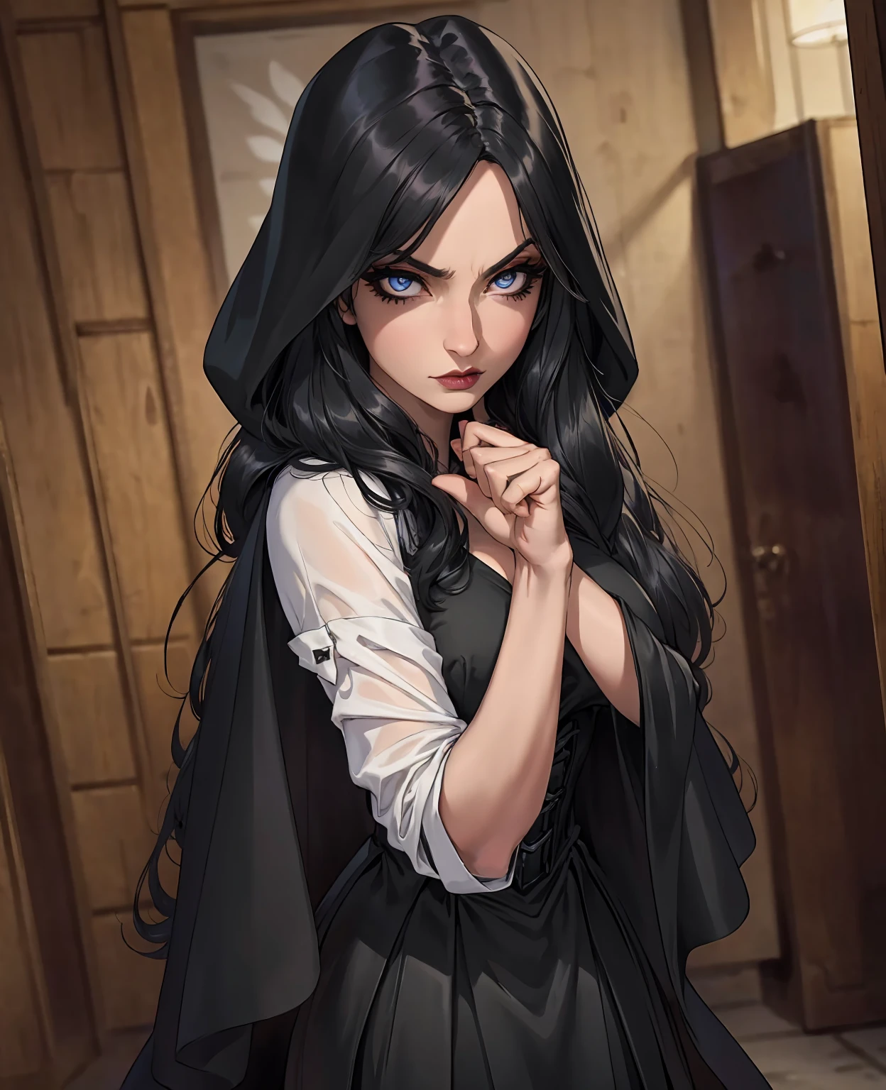 beautiful young woman, elegant witch, fantasy witch, long dark hair, mysterious eyes, subtle makeup, dark lipstick, black magic, dark fantasy, black dress, victorian style, hooded cloak, enchanting pose, ethereal, glowing magical aura, moody lighting, dark color palette, dramatic chiaroscuro, cinematic, (best quality,4k,8k,highres,masterpiece:1.2),ultra-detailed,(realistic,photorealistic,photo-realistic:1.37)