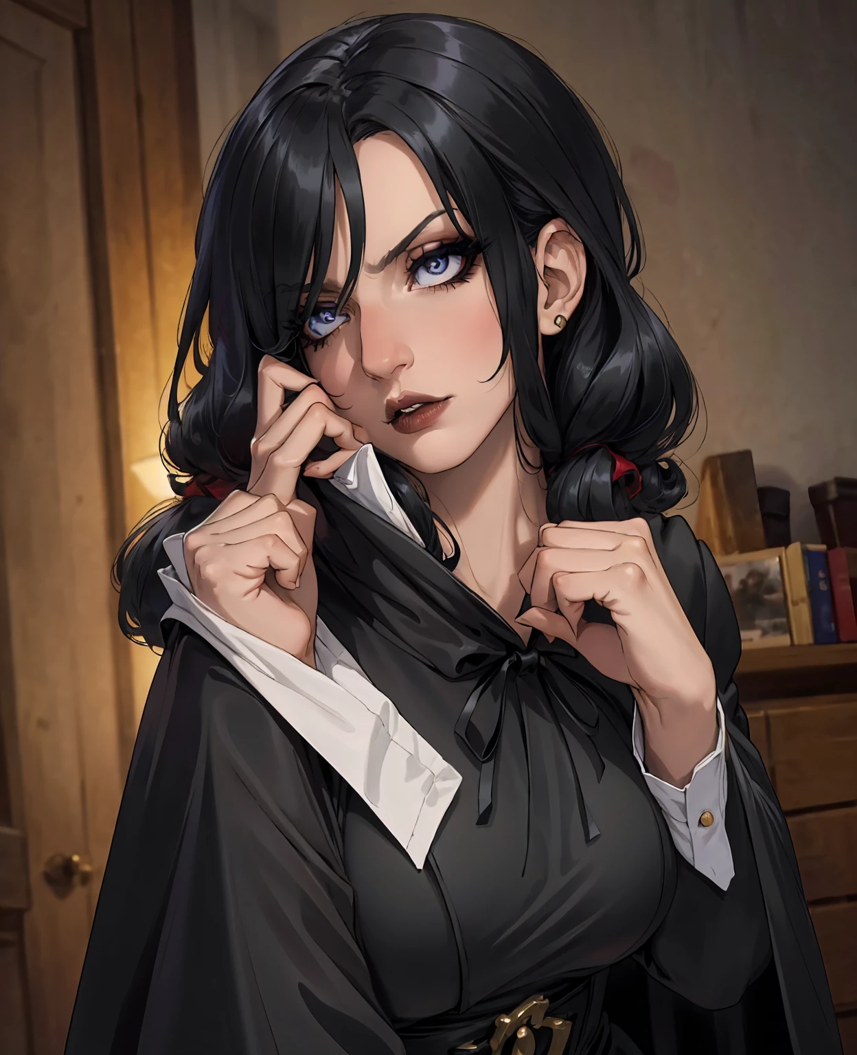 beautiful young woman, elegant witch, fantasy witch, long dark hair, mysterious eyes, subtle makeup, dark lipstick, black magic, dark fantasy, black dress, victorian style, hooded cloak, enchanting pose, ethereal, glowing magical aura, moody lighting, dark color palette, dramatic chiaroscuro, cinematic, (best quality,4k,8k,highres,masterpiece:1.2),ultra-detailed,(realistic,photorealistic,photo-realistic:1.37)