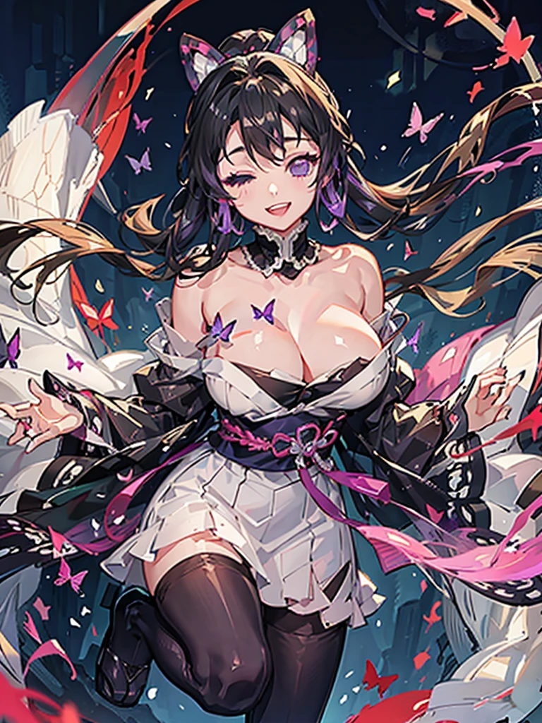 Full body photo shinobu kocho from demon slayer anime, at a Japanese royal palace room, beautiful woman, smiling, close eyes, dimples, sedutice expression, sexy dress, purple aura, butterfly wings, open breast, big