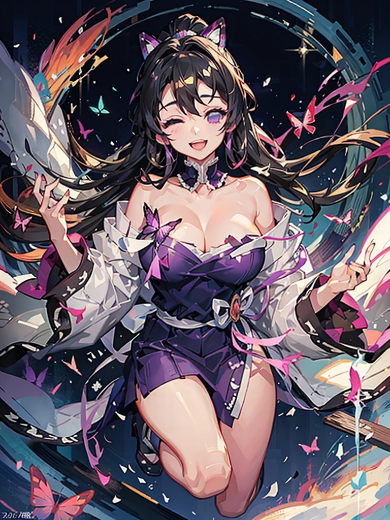 Full body photo shinobu kocho from demon slayer anime, at a Japanese royal palace room, beautiful woman, smiling, close eyes, dimples, sedutice expression, sexy dress, purple aura, butterfly wings, open breast, big