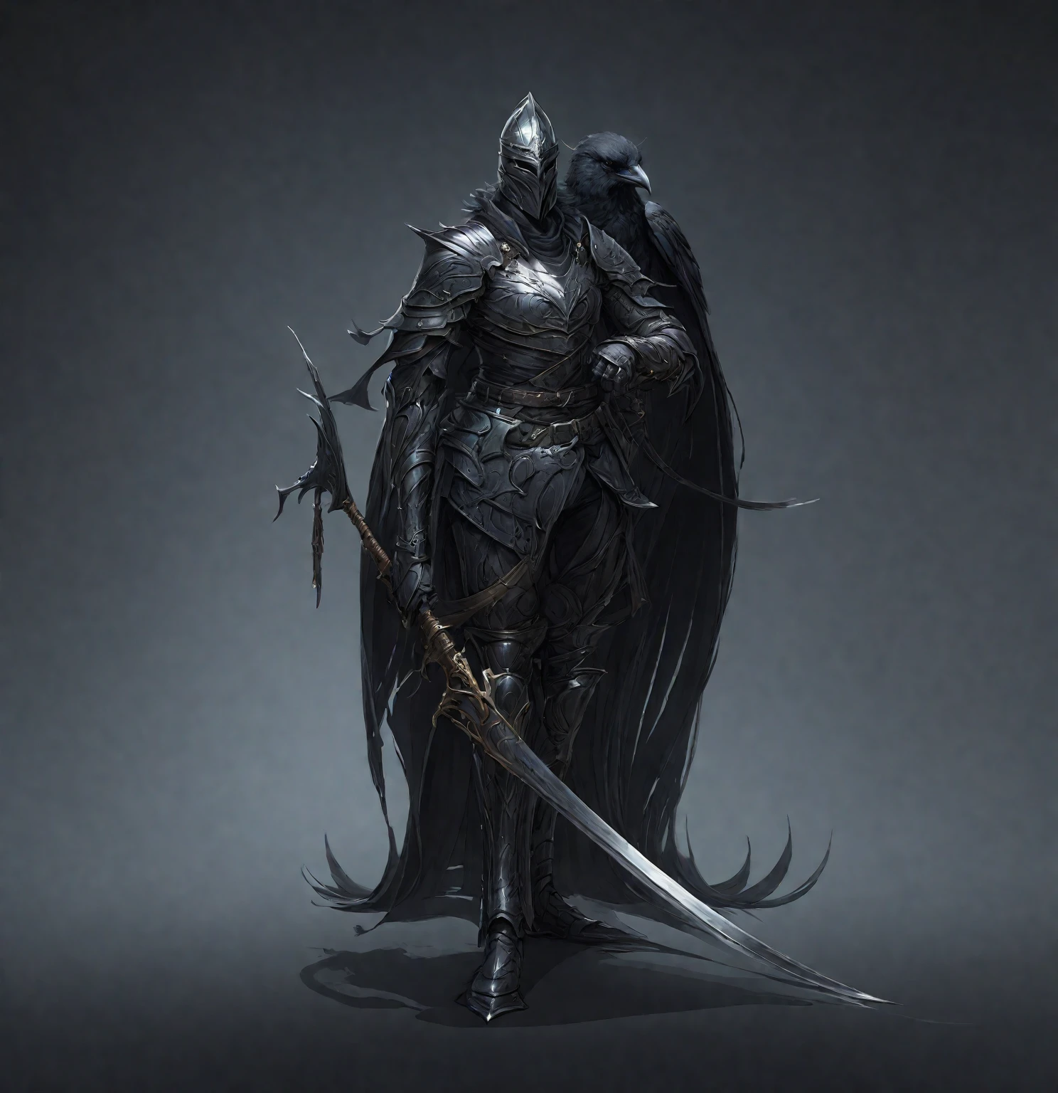 close-up of a man in armor with a sword, heroic The concept of a fantasy character, The concept of a fantasy character, complex fantasy character, dark Fantasy Character Design, anthropomorphic raven knight, full body concept, Noble Demon Character Design, Dark soul armor concept, detailed full body concept art, detailed full body concept, mysterious concept art, Fantasy Character Design, dark soul concept