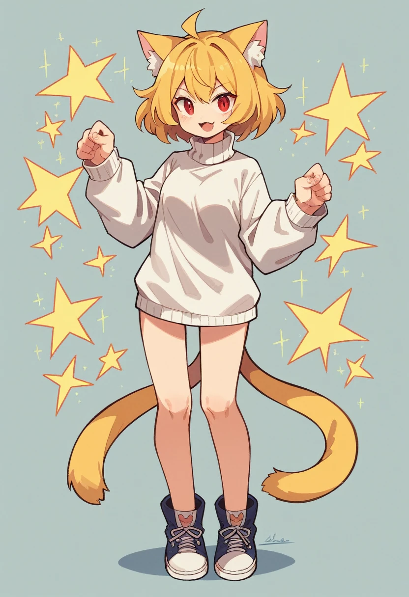 masterpiece, highres, best quality, Ultra-detail, perfect lightning, brai, The Neco Book, 1 girl :3, cat ears, Catgirl, cat tail, alone, yellow hair, red eye, ((white turtleneck)), White clothing, full body is seeable, breast are nude