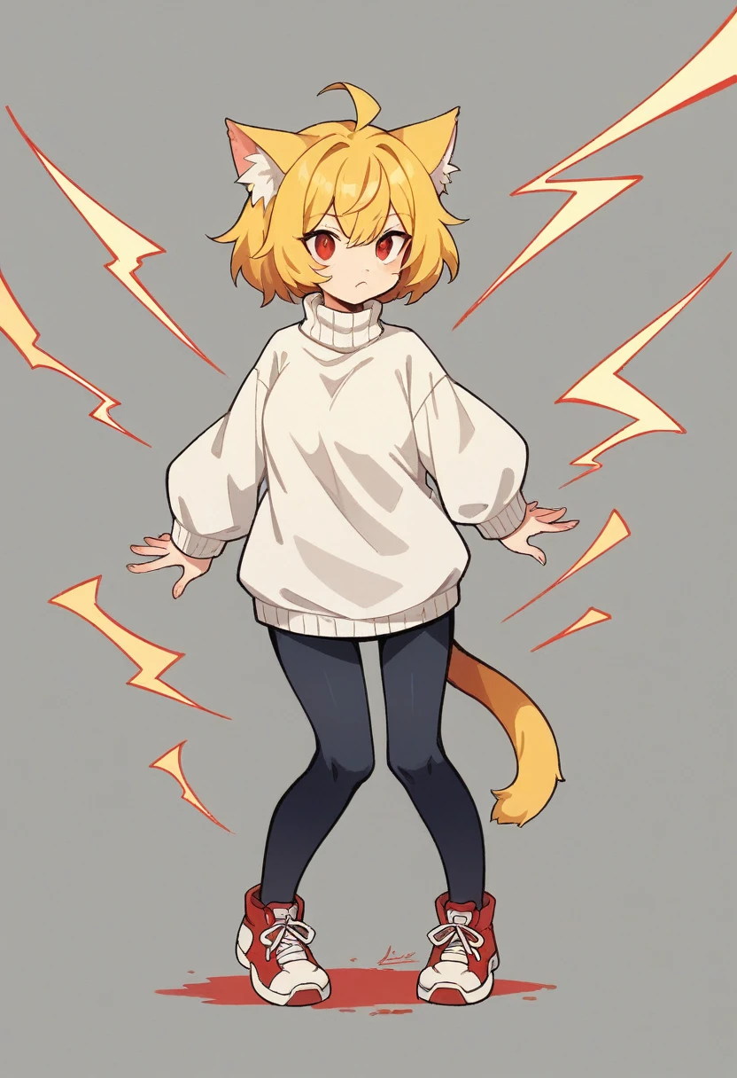 ​masterpiece, highres, best quality, Ultra-detail, perfect lightning,  brai,  The Neco Book, 1 girl :3, cat ears, Catgirl, cat tail, alone, yellow hair, red eye, ((white turtleneck)), White clothing, full body is seeable, breast are nude