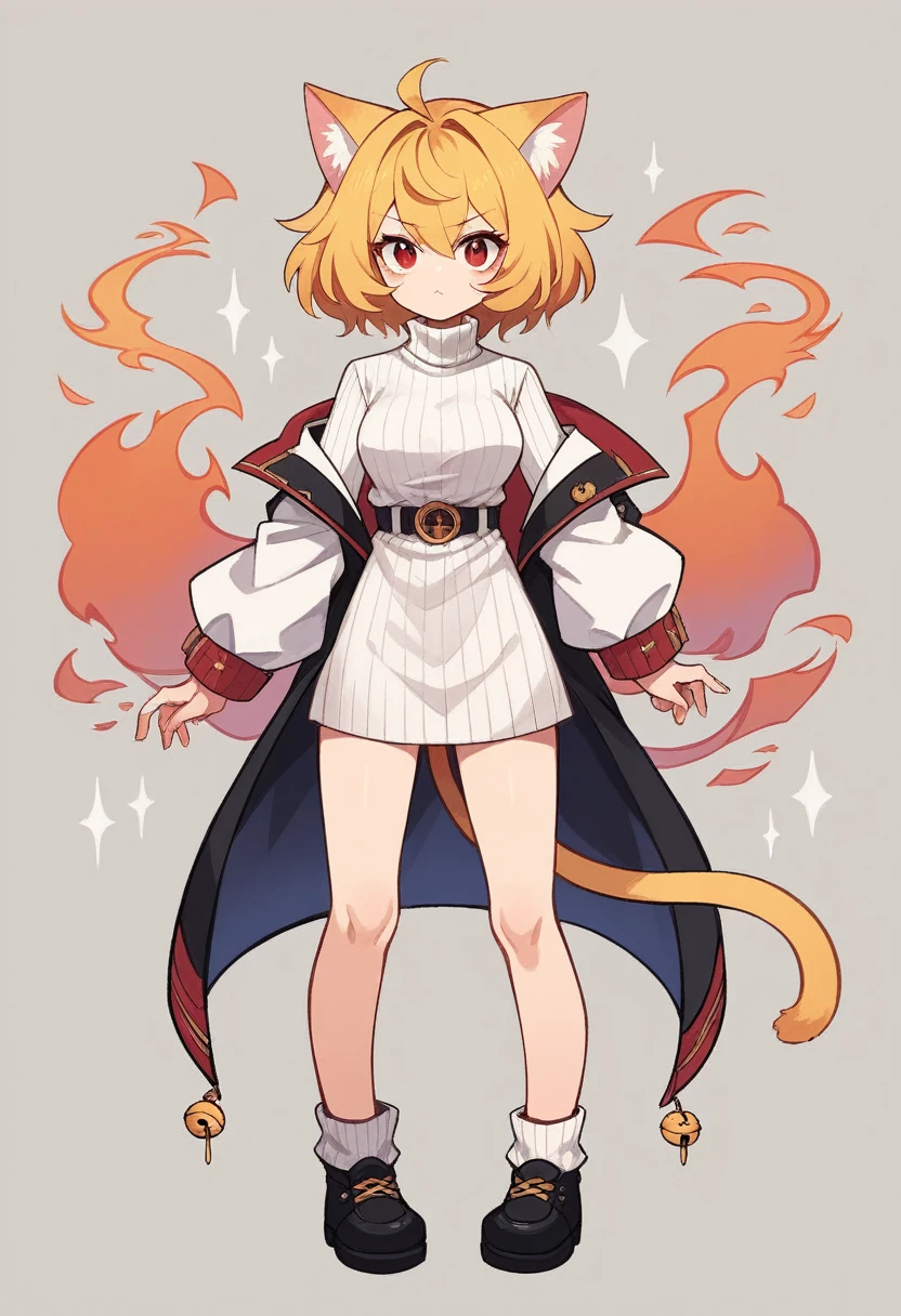 masterpiece, highres, best quality, Ultra-detail, perfect lightning, brai, The Neco Book, 1 girl :3, cat ears, Catgirl, cat tail, alone, yellow hair, red eye, ((white turtleneck)), White clothing, full body is seeable, breast are nude