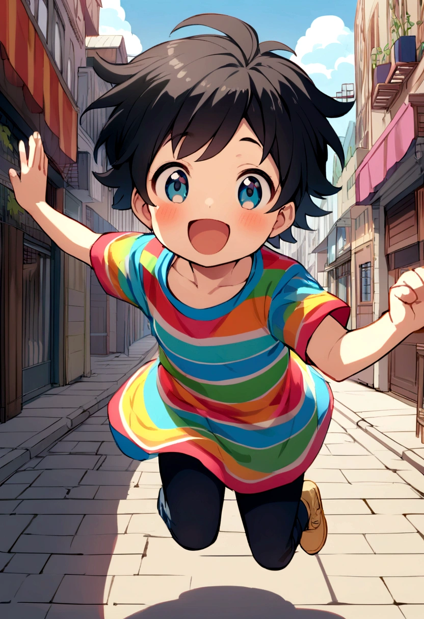 create a dick style scene, of a boy approximately 6 , black hair, eyes browns,super happy and jumping for joy , on a city street in the interior, she wears a colorful shirt.