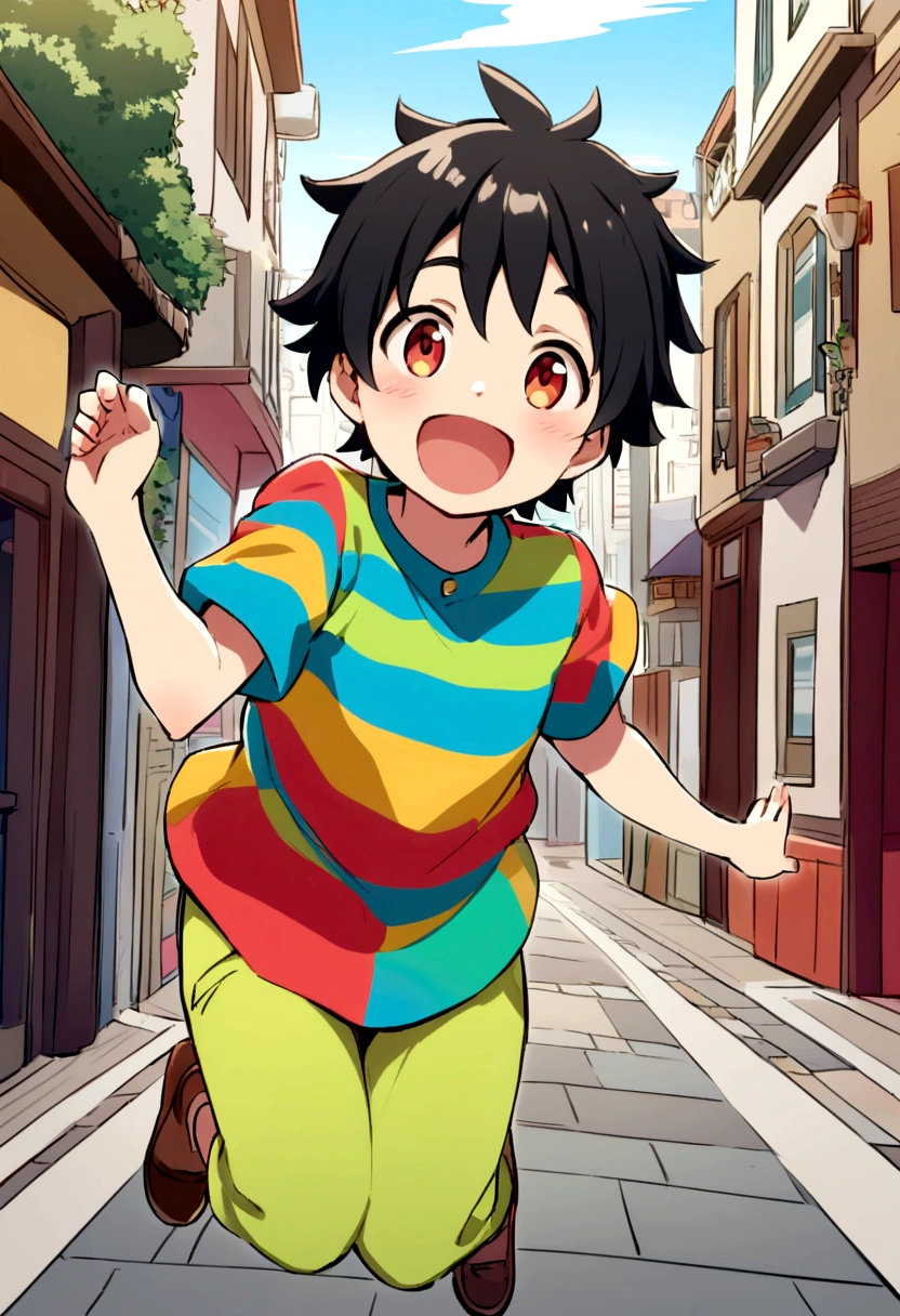 create a dick style scene, of a boy approximately 6 , black hair, eyes browns,super happy and jumping for joy , on a city street in the interior, she wears a colorful shirt.