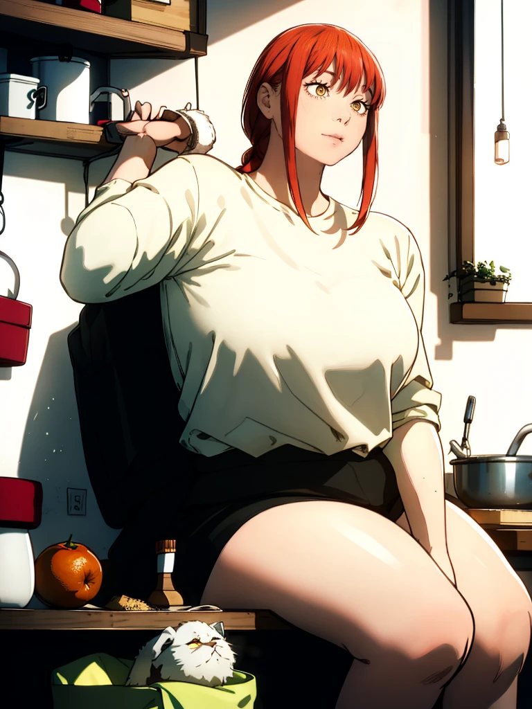 Le personnage Makima de la série animée Chainsaw Man, fragile, obésité morbide, ssbbw, pleine longueur (corps entier 1.1.), fond sombre, obscurité, anatomie correcte 1.1, anatomie correcte de la main, Très féminin, corps gras et rond, grosses Jambes, fesses, beau corps obèse, ventre rond et mou très gras, ventre visible, cheveux roux, Yeux oranges, Cercles rouges pour les écoliers, chemise blanche, jupe noire, cravate noire, pose sexy, réaliste, very détaillé, beau corps, détaillé body, détaillé hands, détaillé, vibrant, détaillé Face, Conception des personnages de Makima. very détaillé, détaillé body, détaillé hands, détaillé Face, Art animé, Hugh Détails, Visage très abattu, détaillé eyes, Illustration ultra fine, Meilleure ombre, détail fin, beautiful détaillé glow, beautiful détaillé, Extraordinairement beau, extremely détaillé, inexpressif, composition épique, Style animé. art animé, Style animé. Jupe noire, chemise blanche, cravatte, pose sexy
