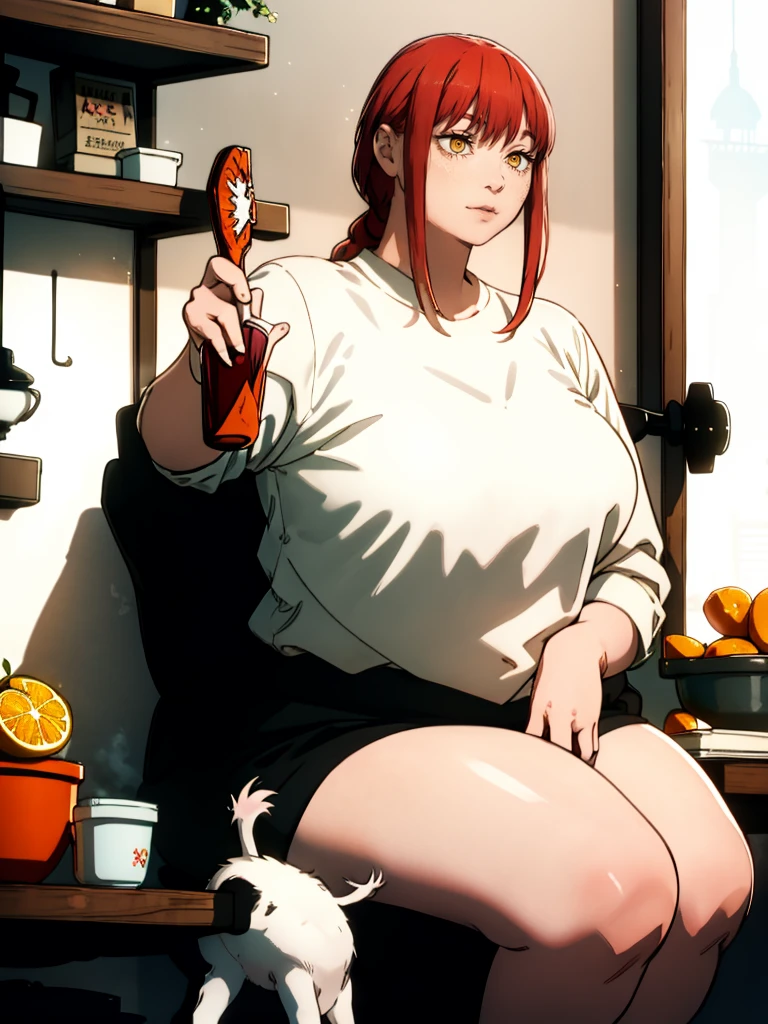 Le personnage Makima de la série animée Chainsaw Man, fragile, obésité morbide, ssbbw, pleine longueur (corps entier 1.1.), fond sombre, obscurité, anatomie correcte 1.1, anatomie correcte de la main, Très féminin, corps gras et rond, grosses Jambes, fesses, beau corps obèse, ventre rond et mou très gras, cheveux roux, Yeux oranges, Cercles rouges pour les écoliers, chemise blanche, jupe noire, cravate noire, pose sexy, réaliste, very détaillé, beau corps, détaillé body, détaillé hands, détaillé, vibrant, détaillé Face, Conception des personnages de Makima. very détaillé, détaillé body, détaillé hands, détaillé Face, Art animé, Hugh Détails, Visage très abattu, détaillé eyes, Illustration ultra fine, Meilleure ombre, détail fin, beautiful détaillé glow, beautiful détaillé, Extraordinairement beau, extremely détaillé, inexpressif, composition épique, Style animé. art animé, Style animé. Jupe noire, chemise blanche, cravatte, pose sexy