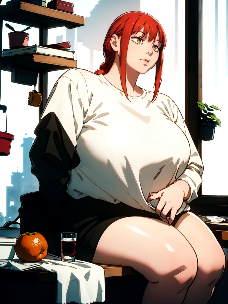 Le personnage Makima de la série animée Chainsaw Man, fragile, obésité morbide, ssbbw, pleine longueur (corps entier 1.1.), fond sombre, obscurité, anatomie correcte 1.1, anatomie correcte de la main, Très féminin, corps gras et rond, grosses Jambes, fesses, beau corps obèse, ventre rond et mou très gras, ventre visible, cheveux roux, Yeux oranges, Cercles rouges pour les écoliers, chemise blanche, jupe noire, cravate noire, pose sexy, réaliste, very détaillé, beau corps, détaillé body, détaillé hands, détaillé, vibrant, détaillé Face, Conception des personnages de Makima. very détaillé, détaillé body, détaillé hands, détaillé Face, Art animé, Hugh Détails, Visage très abattu, détaillé eyes, Illustration ultra fine, Meilleure ombre, détail fin, beautiful détaillé glow, beautiful détaillé, Extraordinairement beau, extremely détaillé, inexpressif, composition épique, Style animé. art animé, Style animé. Jupe noire, chemise blanche, cravatte, pose sexy