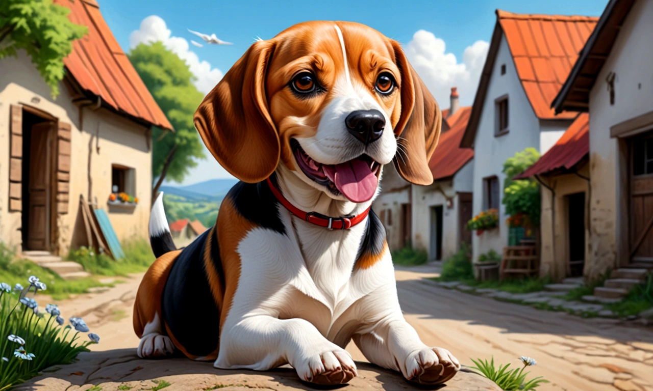 Draw happy beagle dog, in a small village.