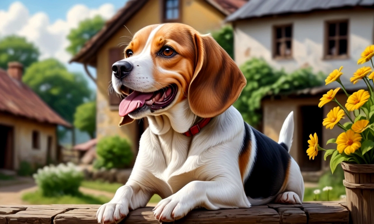 Draw happy beagle dog, in a small village.
