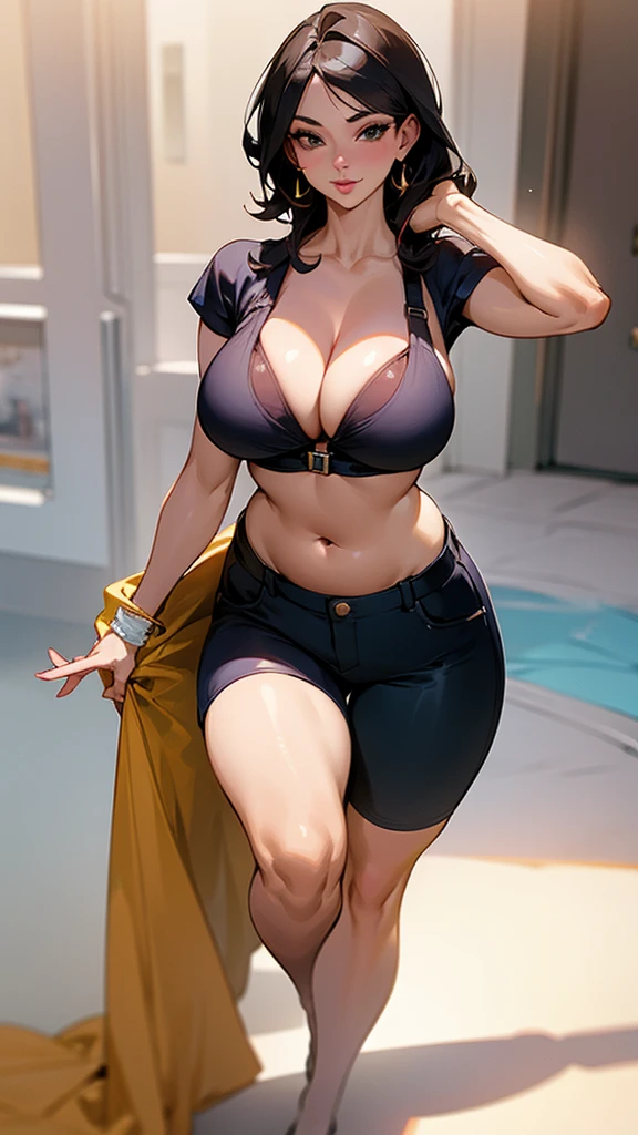 pose, curvy body, middle aged woman, beautiful belly, hot, big breast, bra, shorts