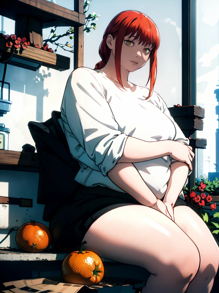 Le personnage Makima de la série animée Chainsaw Man, fragile, obésité morbide, ssbbw, pleine longueur (corps entier 1.1.), fond sombre, obscurité, anatomie correcte 1.1, anatomie correcte de la main, Très féminin, corps gras et rond, grosses Jambes, fesses, beau corps obèse, ventre rond et mou très gras, ventre visible, cheveux roux, Yeux oranges, Cercles rouges pour les écoliers, chemise blanche, jupe noire, cravate noire, pose sexy, réaliste, very détaillé, beau corps, détaillé body, détaillé hands, détaillé, vibrant, détaillé Face, Conception des personnages de Makima. very détaillé, détaillé body, détaillé hands, détaillé Face, Art animé, Hugh Détails, Visage très abattu, détaillé eyes, Illustration ultra fine, Meilleure ombre, détail fin, beautiful détaillé glow, beautiful détaillé, Extraordinairement beau, extremely détaillé, inexpressif, composition épique, Style animé. art animé, Style animé. Jupe noire, chemise blanche, cravatte, pose sexy