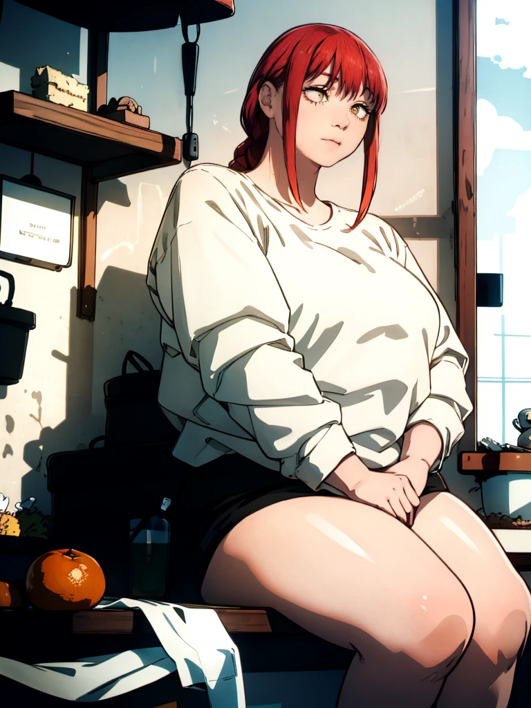 Le personnage Makima de la série animée Chainsaw Man, fragile, obésité morbide, ssbbw, pleine longueur (corps entier 1.1.), fond sombre, obscurité, anatomie correcte 1.1, anatomie correcte de la main, Très féminin, corps gras et rond, grosses Jambes, fesses, beau corps obèse, ventre rond et mou très gras, cheveux roux, Yeux oranges, Cercles rouges pour les écoliers, chemise blanche, jupe noire, cravate noire, pose sexy, réaliste, very détaillé, beau corps, détaillé body, détaillé hands, détaillé, vibrant, détaillé Face, Conception des personnages de Makima. very détaillé, détaillé body, détaillé hands, détaillé Face, Art animé, Hugh Détails, Visage très abattu, détaillé eyes, Illustration ultra fine, Meilleure ombre, détail fin, beautiful détaillé glow, beautiful détaillé, Extraordinairement beau, extremely détaillé, inexpressif, composition épique, Style animé. art animé, Style animé. Jupe noire, chemise blanche, cravatte, pose sexy