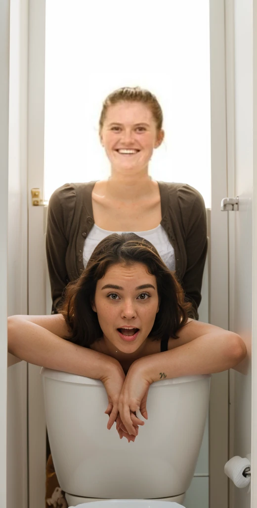 Womans head sticking out of toliet with flying toliets eating