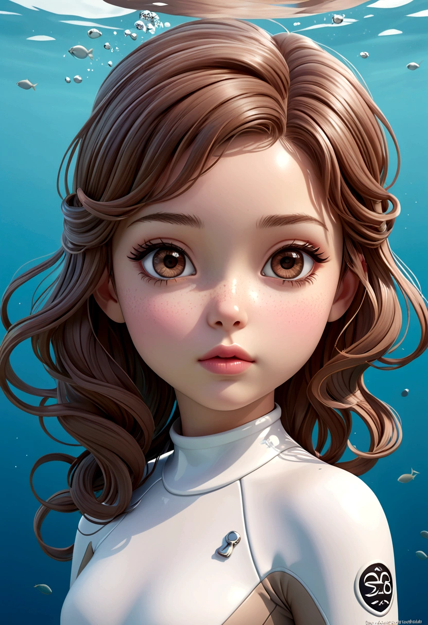 Beautiful chibi Sarah Kay style, with semi-long brown hair, pink lips, brown eyes, delicate British features, dressed as a freediver with her white wetsuit, illustration, 3d render, photography, realistic, anime, photography, poster, fashion, photography portrait