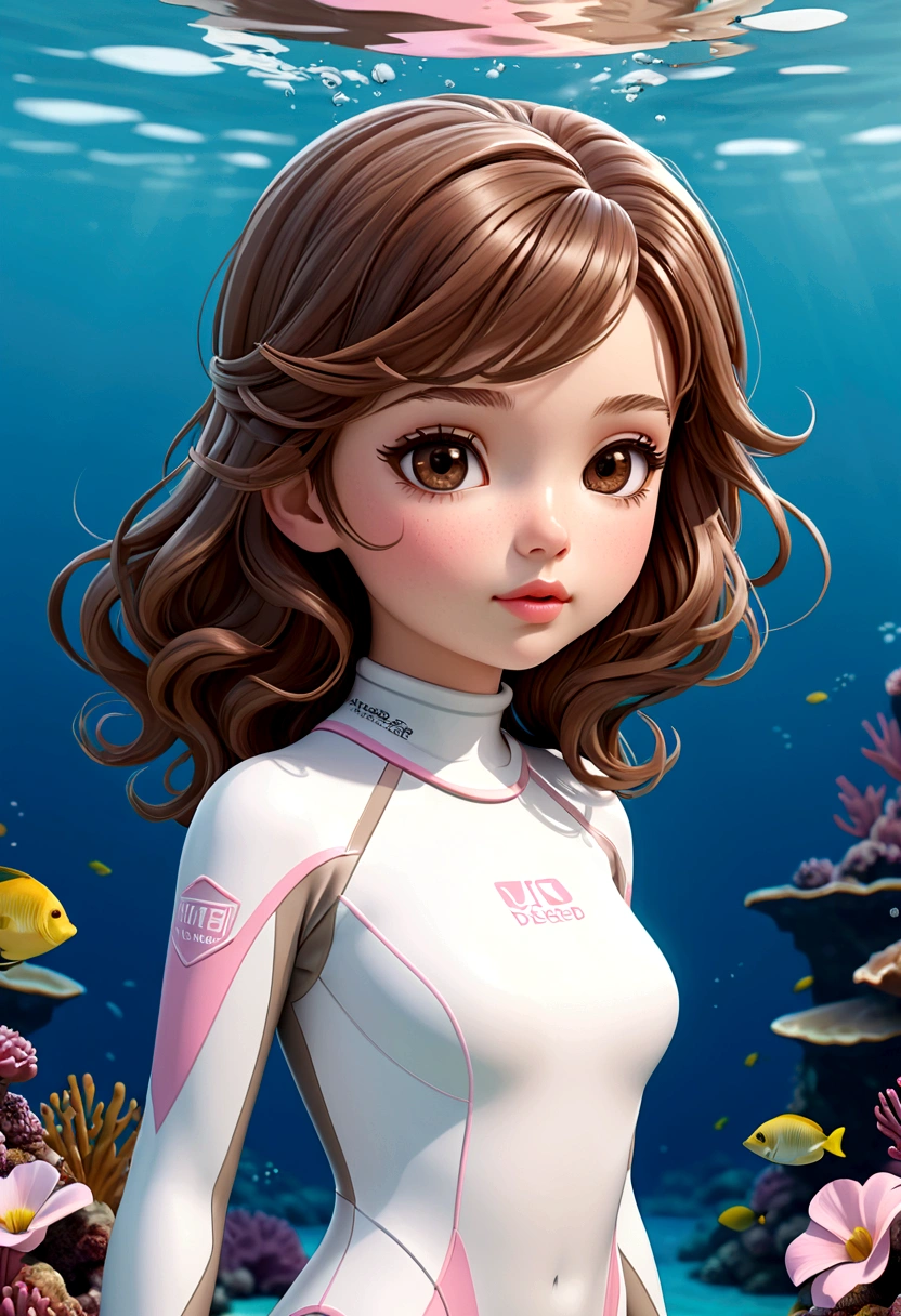 Beautiful chibi Sarah Kay style, with semi-long brown hair and pastel tones, pink lips, brown eyes, delicate British features, dressed as a freediver with her white wetsuit, illustration, 3d render, photography, realistic, anime, photography, poster, fashion , portrait photography