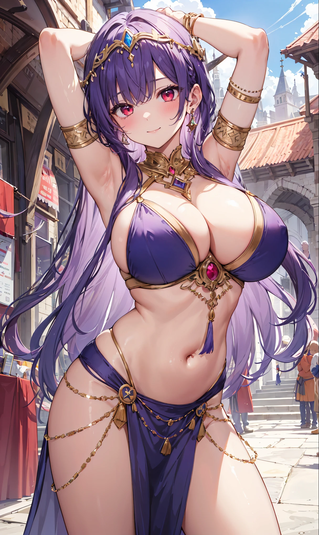 high quality, ultra detailed, best quality, insanely detailed, beautiful, masterpiece, 1girl, medieval plaza, cowboy shot, red eyes, long hair, purple hair, belly dancer, circlet, earrings, armlets, bracelets, bashful smile, large breasts, cleavage, soft stomach