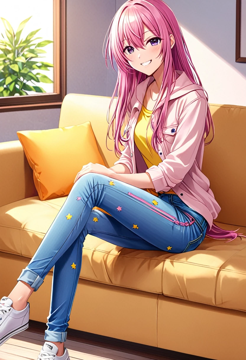 Megurine Luka casual clothes, colorful jeans, morning smile