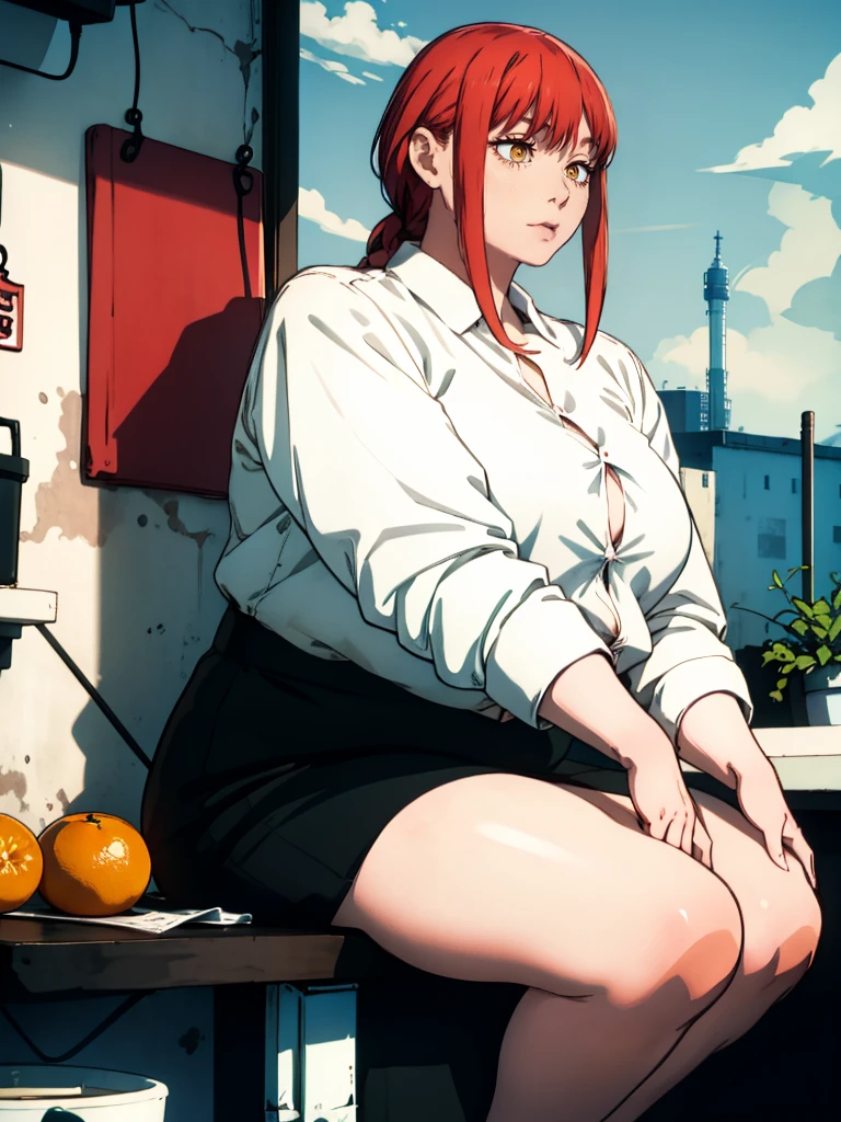 Le personnage Makima de la série animée Chainsaw Man, fragile, obésité morbide, ssbbw, pleine longueur (corps entier 1.1.), fond sombre, obscurité, anatomie correcte 1.1, anatomie correcte de la main, Très féminin, corps gras et rond, grosses Jambes, fesses, beau corps obèse, ventre rond et mou très gras, cheveux roux, Yeux oranges, Cercles rouges pour les écoliers, chemise blanche, jupe noire, cravate noire, pose sexy, réaliste, very détaillé, beau corps, détaillé body, détaillé hands, détaillé, vibrant, détaillé Face, Conception des personnages de Makima. very détaillé, détaillé body, détaillé hands, détaillé Face, Art animé, Hugh Détails, Visage très abattu, détaillé eyes, Illustration ultra fine, Meilleure ombre, détail fin, beautiful détaillé glow, beautiful détaillé, Extraordinairement beau, extremely détaillé, inexpressif, composition épique, Style animé. art animé, Style animé. Jupe noire, chemise blanche, cravatte, pose sexy