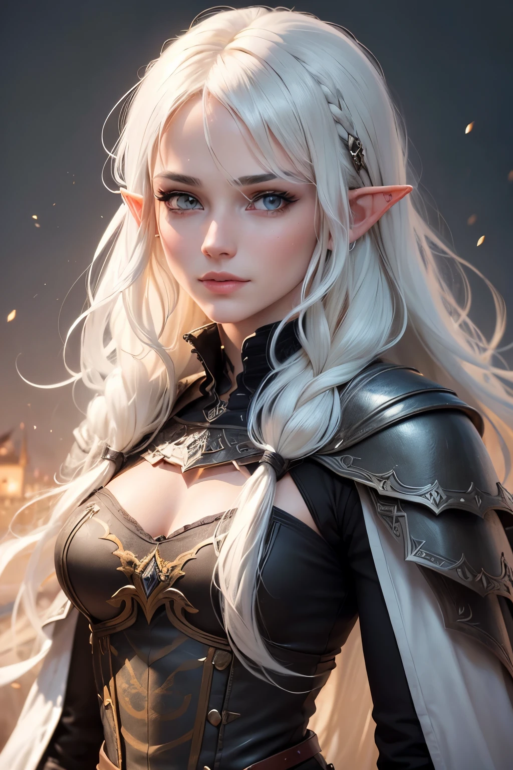 ((best quality)), ((masterpiece)), (detailed), Prize-winning works, with incredible details, maximum textures and details, uhd ,8K,super resolution ,depth of field, retina, masterpiece, anatomically correct, textured skin, super detail, high details, highres ,1 Medieval Fantasy RPG Female Elf Adventurer,hair in the wind,very long light white wavy braid hair ,((yellow white hair,)),shy smile,similar to the work of JRR Tolkien,black long cape ,lightweight armour,fully body, hyper-detailed piercing eyes , (25 year old young man :1.1,detailedeyes, face detailed, whole body:1.1,the background is a magnificent castle  ),(best qualityer:1.2,ultra detali:1.1,realisitic:1.37) ,eyeshadows,sharp focus,swirly vibrant colors,)