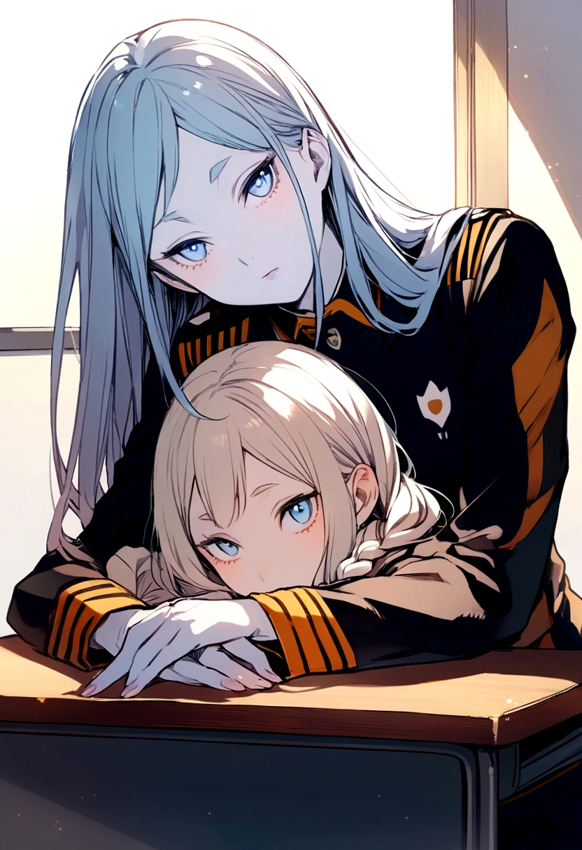 albino girl, long hair and two braided strands, light blue eyes, pale skin, image and uniform from the anime haikyuu, pose leaning on the desk