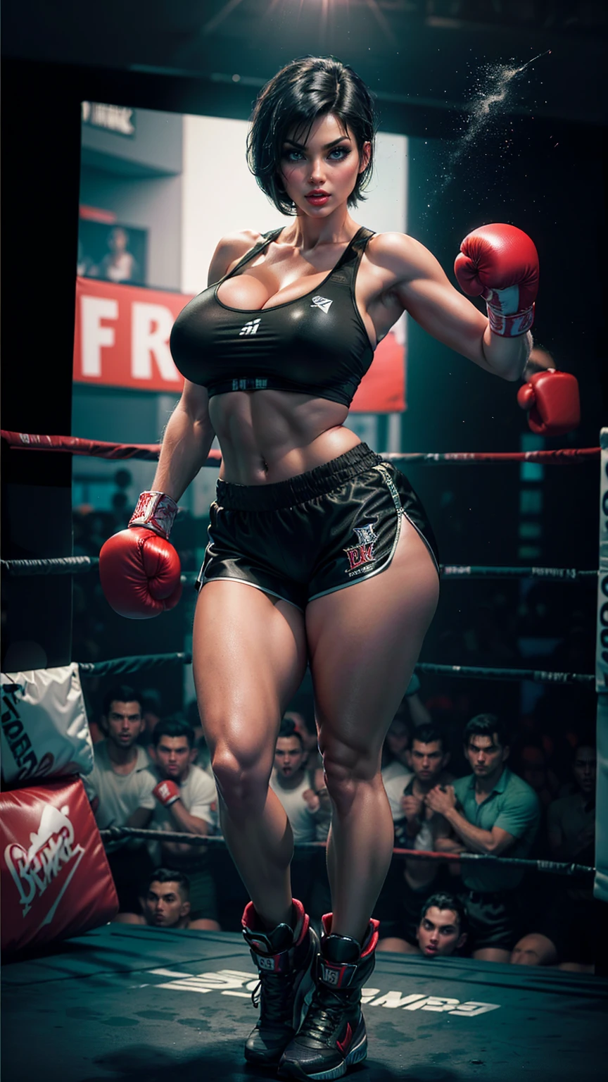 (best quality,highres:1.2), (ultra-detailed), (realistic:1.37), (HDR,UHD), (physically-based rendering), ((curvy thicc mature Denise Milani)), ((black boxing shorts:1.3)), ((skimpy boxing shorts:1.3)), (boxing boots), ((short, straight jet-black hair:1.4)), ((detailed green eyes:1.3)), (tiny waist), ((thicc:1.4)), ((firm perfectly round butt:1.2)), ((standing pose in a boxing ring)), (full-body portrait), (vivid colors), (hot red lips, makeup:1.3), (straight, short jet-black hair), ((skimpy sexy black boxing shorts:1.3)), sexy fighter, prominent breasts, rock solid breasts, missile shaped breasts that defy gravity, big_boltedontits, boltedontits, sakimichan, th3p1t,