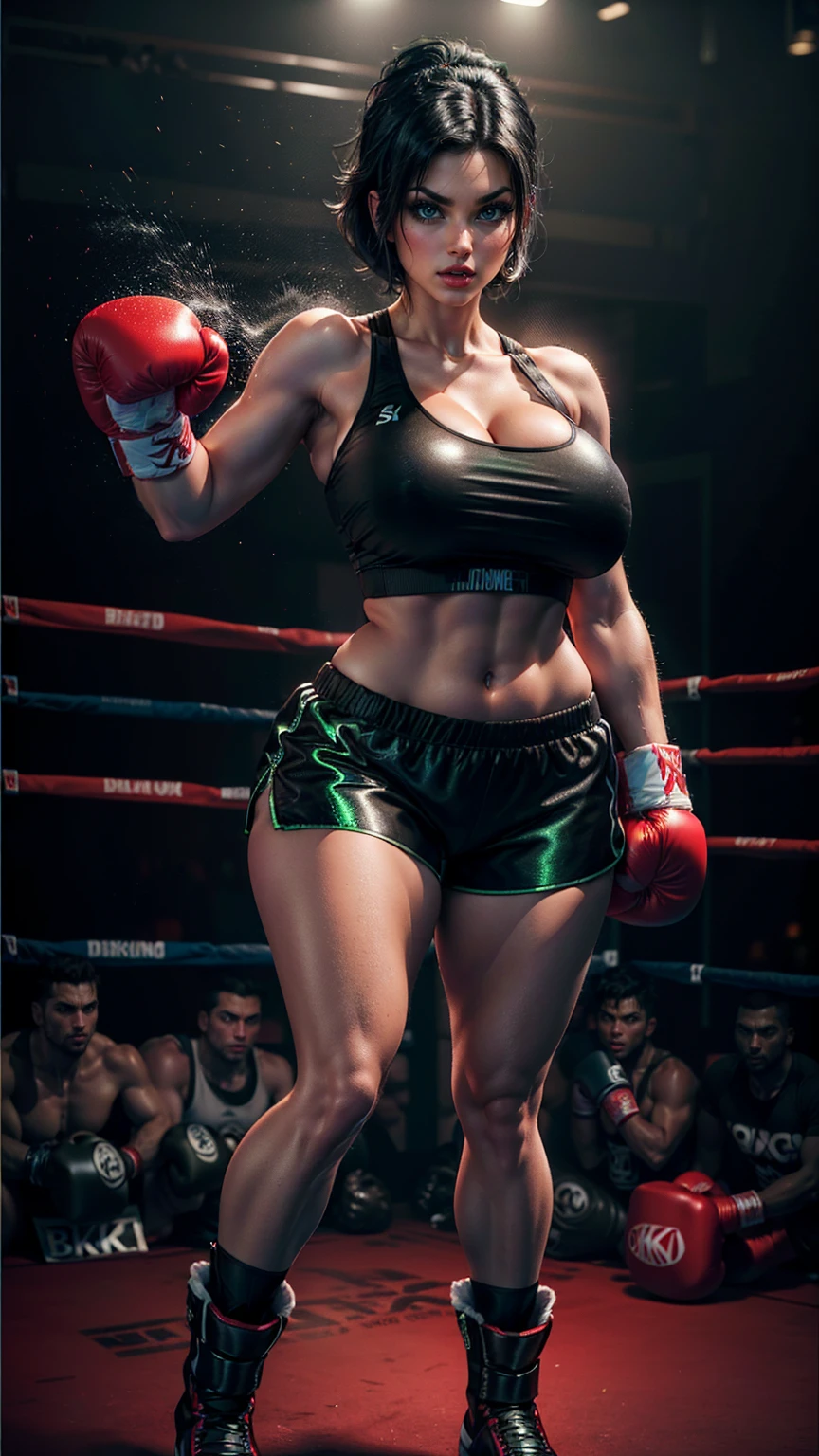 (best quality,highres:1.2), (ultra-detailed), (realistic:1.37), (HDR,UHD), (physically-based rendering), ((curvy thicc mature Denise Milani)), ((black boxing shorts:1.3)), ((skimpy boxing shorts:1.3)), (boxing boots), ((short, straight jet-black hair:1.4)), ((detailed green eyes:1.3)), (tiny waist), ((thicc:1.4)), ((firm perfectly round butt:1.2)), ((standing pose in a boxing ring)), (full-body portrait), (vivid colors), (hot red lips, makeup:1.3), (straight, short jet-black hair), ((skimpy sexy black boxing shorts:1.3)), sexy fighter, prominent breasts, rock solid breasts, missile shaped breasts that defy gravity, big_boltedontits, boltedontits, sakimichan, th3p1t,