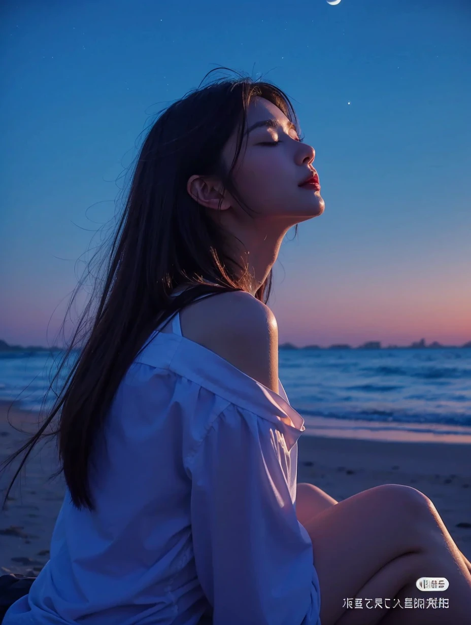 Beautiful Japanese waifu, early 30s, brunette hair, white blouse, moon night seaside, closed eyes