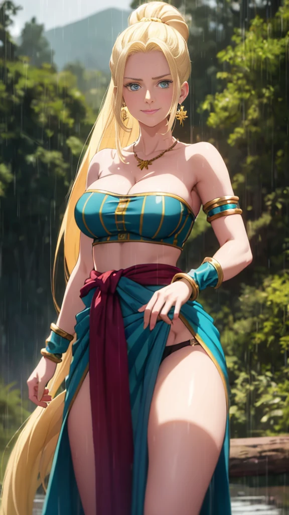 beatrix amerhauser, long hair, blue eyes, blonde hair, gloves, ponytail,Monica Bellucci as a beautiful young maiden, standing in the rain, large breasts, long hair tied in a bun, wearing a strapless bra and a transparent sarong, sexy slit, wearing heavy makeup, long eye lashes, eye mascara, wearing golden ornaments, Big Breasts, bindi, long earrings, necklace, arm bands, bangles, nose ring and waist chain, wet clothes, worried look, forest in the background,looking at viewer,smile,closed mouth