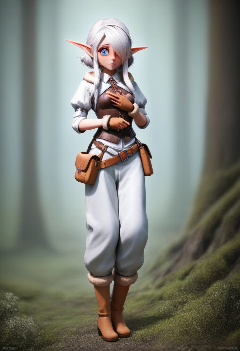 ((Best Quality)), (Masterpiece)), (Details: 1.4), Absurd Resolution, High Resolution, (Masterpiece: 1.4), Ultra Detailed, detailed gnome girl with pale skin, short stature, very long silver hair that curls at the ends, covering one eye, with small breasts, pouty lips, and bright blue anime-style eyes with long lashes, wearing a corset, white puffy long sleeved shirt, and puffy cloth pants, leather bound boots, set in a windy fantasy landscape, (best quality,4k,8k,highres,masterpiece:1.2),ultra-detailed, dungeons and dragons, long elf ears, small girl, detailed skin and cloth textures, cute detailed face, intricate details, extremely detailed, 1girl, dynamic pose with hair covering one eye, shy personality, puffy cloth pants with leather belt, detailed privateer outfit, detailed buccaneer outfit, pouch on belt, wearing ornate leather armor with fur trim, silver inlay detail, wearing fur trimmed boots, wearing fur trimmed gloves, short, short height, halfing girl, small girl,